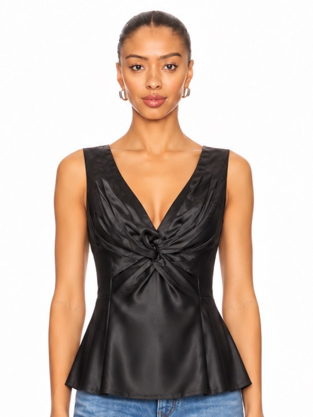 BCBGMaxAzria Black Satin Knot-Front Camisole